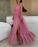 Halter 3D Flower Mesh Slit Evening Dress Backless Shirred Ruffle Hem Double Layer Maxi Dress