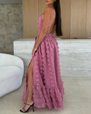 Halter 3D Flower Mesh Slit Evening Dress Backless Shirred Ruffle Hem Double Layer Maxi Dress