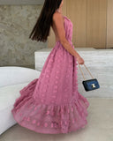 Halter 3D Flower Mesh Slit Evening Dress Backless Shirred Ruffle Hem Double Layer Maxi Dress