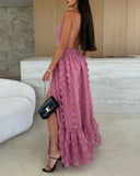 Halter 3D Flower Mesh Slit Evening Dress Backless Shirred Ruffle Hem Double Layer Maxi Dress