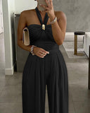Metal Decor Halter Tied Detail Cinched Waist Jumpsuit Casual Pleated Wide Leg Jumpsuit