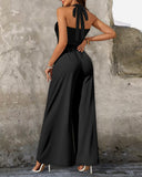 Metal Decor Halter Tied Detail Cinched Waist Jumpsuit Casual Pleated Wide Leg Jumpsuit
