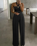 Metal Decor Halter Tied Detail Cinched Waist Jumpsuit Casual Pleated Wide Leg Jumpsuit
