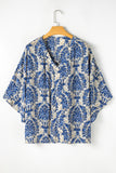 Blue Plus Size Ethnic Printed 3/4 Sleeve V Neck Loose Blouse