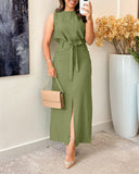 Round Neck Casual Tank Top with Front Slit Belted Midi Skirt Set