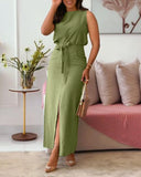 Round Neck Casual Tank Top with Front Slit Belted Midi Skirt Set