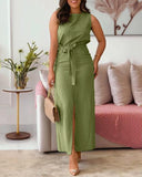 Round Neck Casual Tank Top with Front Slit Belted Midi Skirt Set
