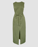 Round Neck Casual Tank Top with Front Slit Belted Midi Skirt Set