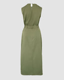 Round Neck Casual Tank Top with Front Slit Belted Midi Skirt Set