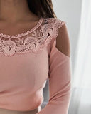 Cold Shoulder Long Sleeve Lace Patchwork Slim Fit Knit Top