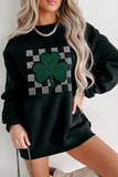 Black Rhinestone Checkerboard Clover Graphic St Patrick Sweatshirt