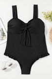 Black Plus Size Textured Knotted Ruffled Trim One Piece Swimwear