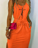 Letter Print Split Hem Drawstring Casual Dress