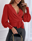 Plunge V Neck Lantern Sleeve Blouse Casual Tied Detail Ruched Top