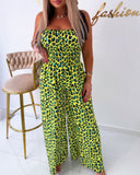 Leopard Print Bandeau Sleeveless Wide Leg Jumpsuit