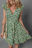 Green Flower Print Flutter Sleeve V Neck Sashed Ruffled Mini Dress