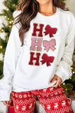 White Chenille HO HO HO Bow Patched Graphic Christmas Sweatshirt