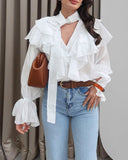 Asymmetrical Ruffles V Neck Tied Detail Blouse Casual Long Sleeve Loose Fit Top