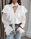 Asymmetrical Ruffles V Neck Tied Detail Blouse Casual Long Sleeve Loose Fit Top