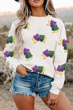 White Sequined Mardi Gras Mask Pattern Drop Shoulder Sweatshirt