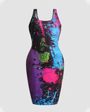 Denim Look Print Sleeveless U Neck Bodycon Dress