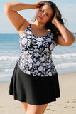 Black Plus Size Printed Square Neck Drawstring Ruffled Tankini Set