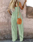 Tie Dye Print Square Neck Thick Strap Shirred Wide Leg Jumpsuit Casual Overalls with Pockets