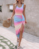 Ombre Ribbed Drawstring Ruched High Slit Dress