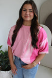 Pink Stripe Patchwork Colorblock Plus Size T Shirt