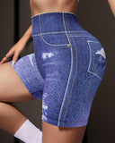 Denim Look Print High Waist Active Shorts