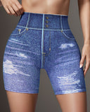 Denim Look Print High Waist Active Shorts