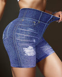 Denim Look Print High Waist Active Shorts