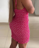 Floral Print Plunge V Neck Spaghetti Strap Dress Sexy Shirred Lace Up Mini Dress