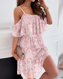 Glitter Lurex Floral Print Cold Shoulder Spaghetti Strap Ruffles Layered Dress Sweet Dress