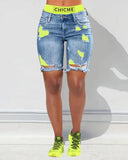 2 In 1 Denim Shorts Colorblock Print Ripped Shorts /w Workout Running Shorts