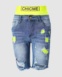 2 In 1 Denim Shorts Colorblock Print Ripped Shorts /w Workout Running Shorts
