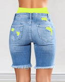 2 In 1 Denim Shorts Colorblock Print Ripped Shorts /w Workout Running Shorts
