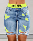 2 In 1 Denim Shorts Colorblock Print Ripped Shorts /w Workout Running Shorts