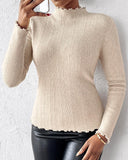 Fleece Lined Stand Collar Long Sleeves Frill Hem Sweater Thermal Fall and Winter Top