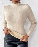 Fleece Lined Stand Collar Long Sleeves Frill Hem Sweater Thermal Fall and Winter Top