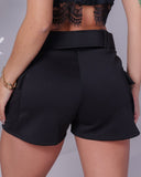 High Waist Pocket Design Cargo Shorts Casual Belted Skinny Shorts