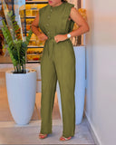 Stand Collar Sleeveless Drawstring Jumpsuit