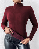 Fleece Lined Stand Collar Long Sleeves Frill Hem Sweater Thermal Fall and Winter Top