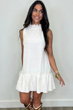 White Textured Frilled High Neck Sleeveless Ruffled Mini Dress