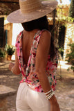 Pink Floral Round Neck Twisted Cut Out Back Tank Top