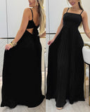 Square Neck Spaghetti Strap Pleated Maxi Dress Back Tied Detail Casual Flowy Long Dress