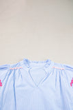 Sky Blue Stripe Ricrac Trim Split Neck Striped Ruffled Sleeve Blouse