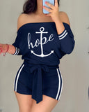 Letter Anchor Print Batwing Sleeve Off Shoulder Romper