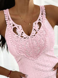 Contrast Lace V Neck Jacquard Knit Tank Casual Hollow Out Skinny Sleeveless Top
