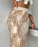 Allover Sequin Stretchy Waist Side Slit Party Club Skirt